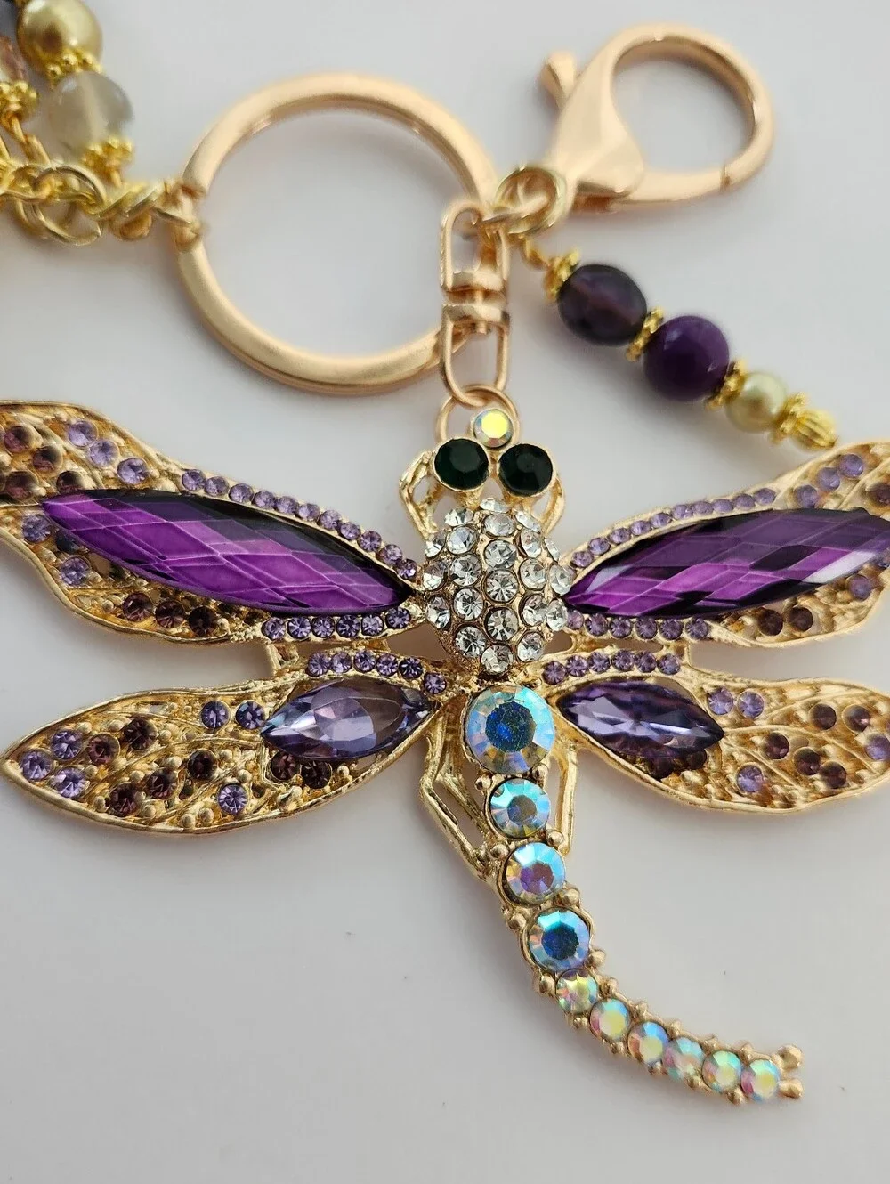 Dragonfly Rhinestone Purse Charm Amethyst Aurora Tigers Eye Handcrafted